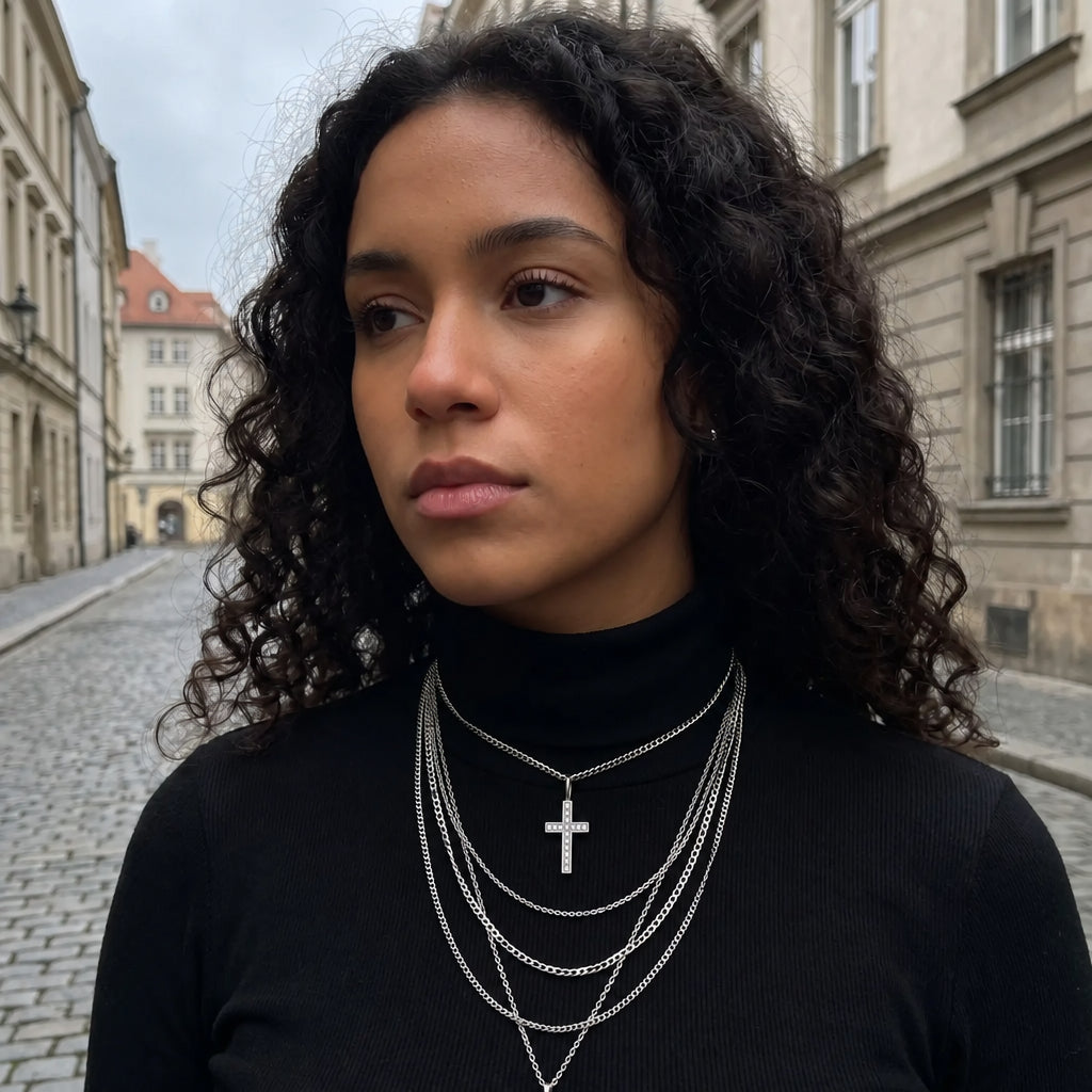 Pendentif croix Crucialys superposé à d'autres chaines